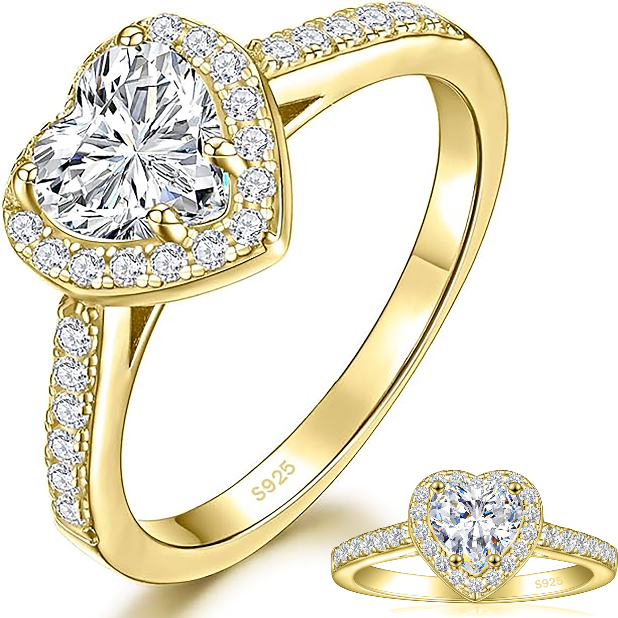925 Sterling Silver 18k Gold Plating Simulated Heart-shaped Genuine Moissanite Diamond Double Halo Engagement Ring with Side Stones Promise Bridal Ring